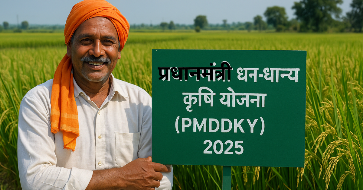 भारतीय किसान प्रधानमंत्री कृषि योजना धान का खेत कृषि विकास योजना ग्रामीण भारत किसान मुस्कान Indian farmer PM agriculture scheme Green paddy field Rural prosperity PMDDKY 2025