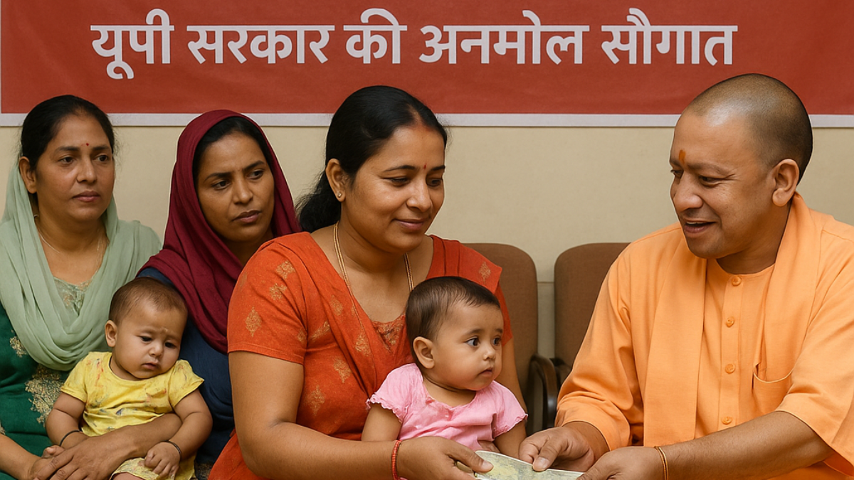 योगी आदित्यनाथ कन्या सुमंगला योजना 2025 के तहत महिलाओं को आर्थिक सहायता प्रदान करते हुए, गोद में बेटियों के साथ माताएँ