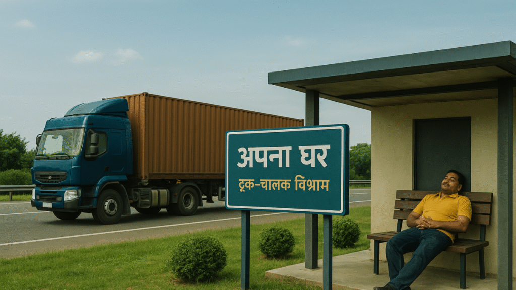 एक भारतीय ट्रक चालक एक शेड के नीचे बेंच पर आराम कर रहा है, पास में नीला और नारंगी ट्रक खड़ा है, और पीछे “अपना घर – ट्रक-चालक विश्राम” का साइनबोर्ड है।
